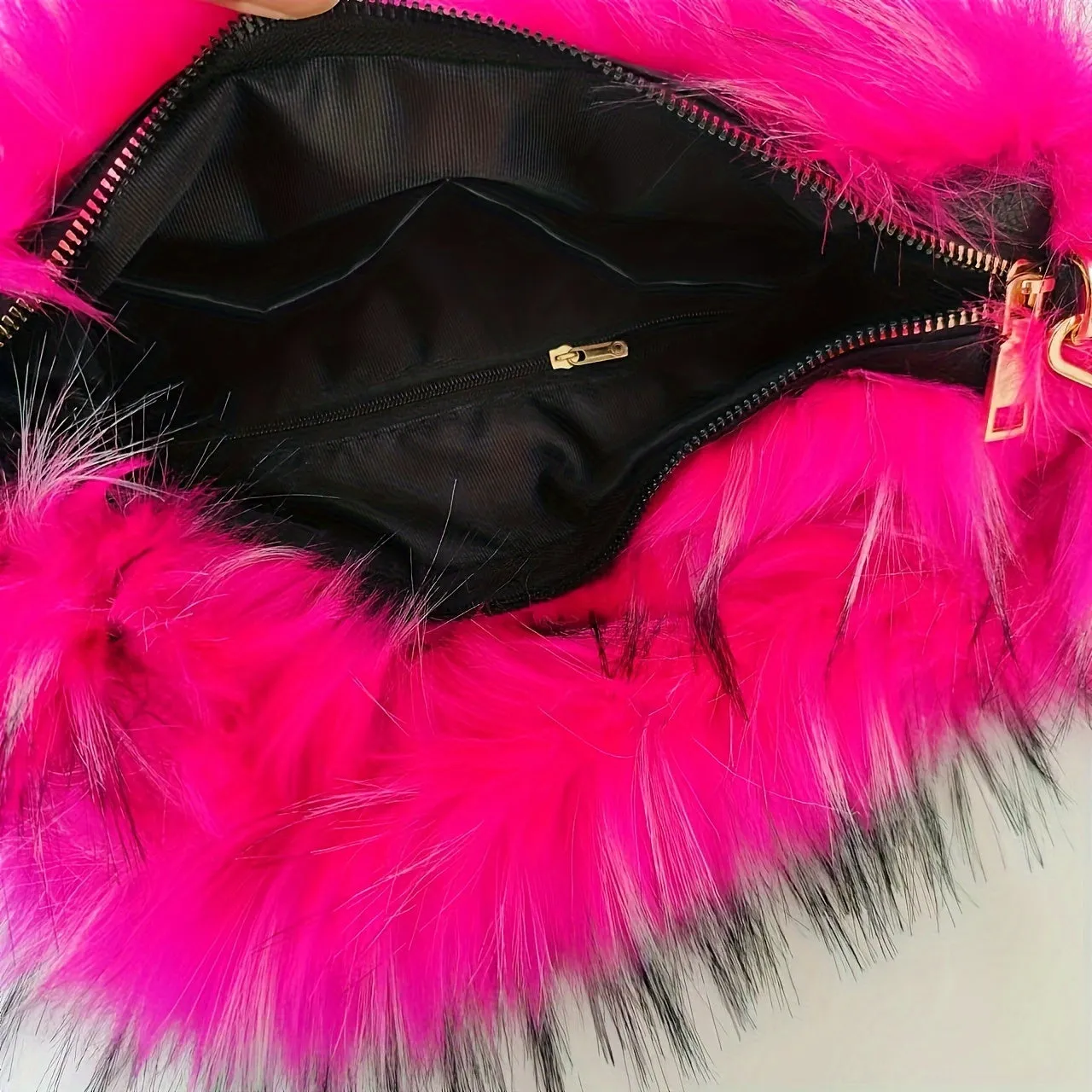 Luxury Plush Faux Fur Handbag - Y2K Sparkling Chic, Lightweight with Stripe Design & Secure Zip Closure