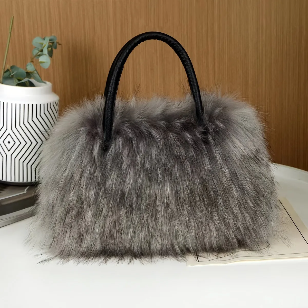 Luxury Plush Faux Fur Handbag - Y2K Sparkling Chic, Lightweight with Stripe Design & Secure Zip Closure