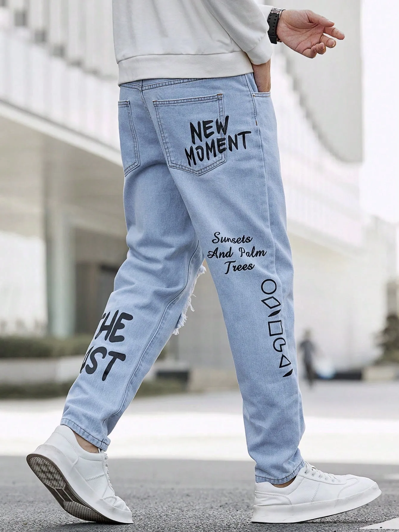 Manfinity EMRG Men's Distressed Denim Jeans With Printed Words