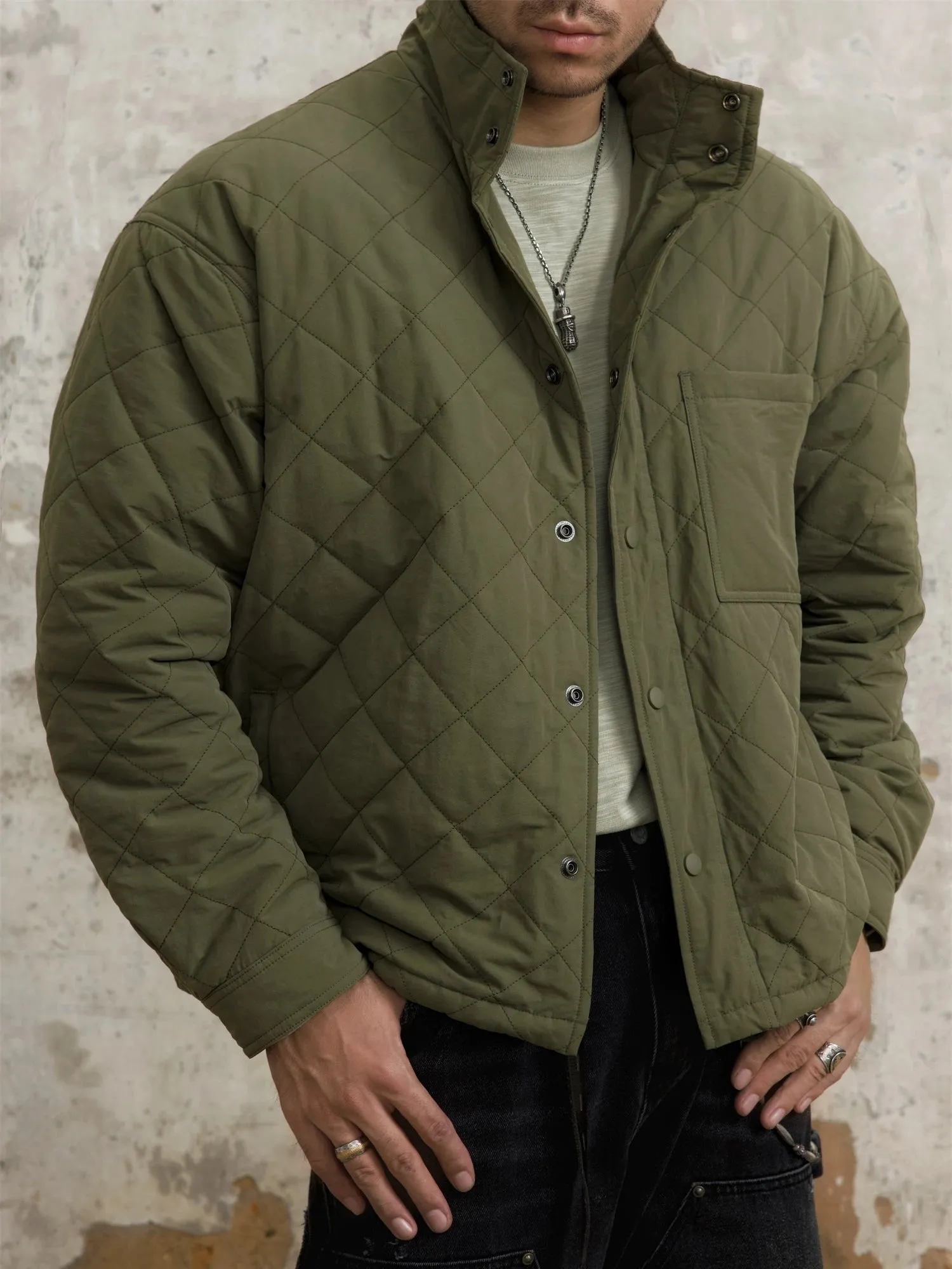 Men's Argyle Quilted Military Style Jacket with Stand Collar