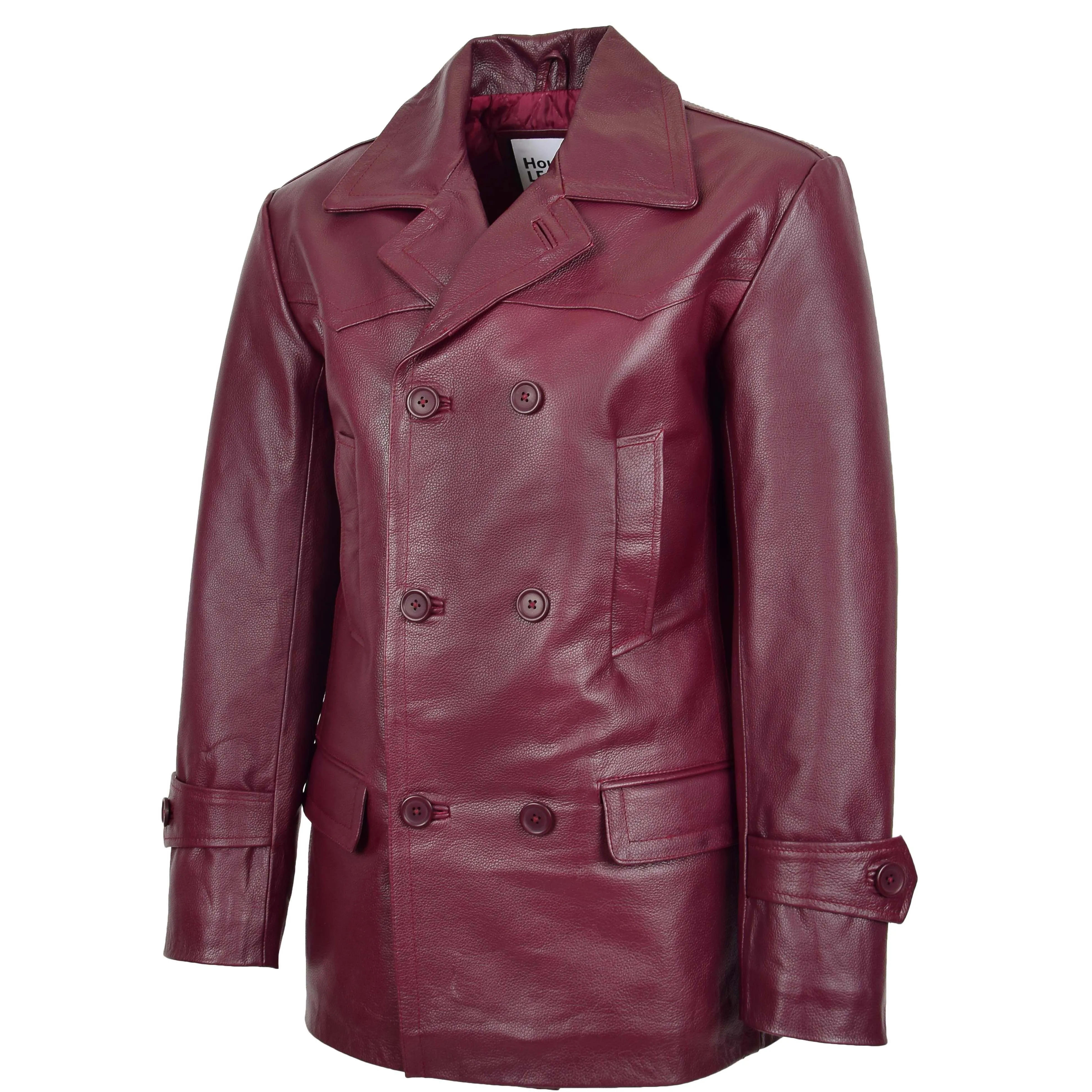 Mens Double Breasted Leather Peacoat Salcombe Burgundy