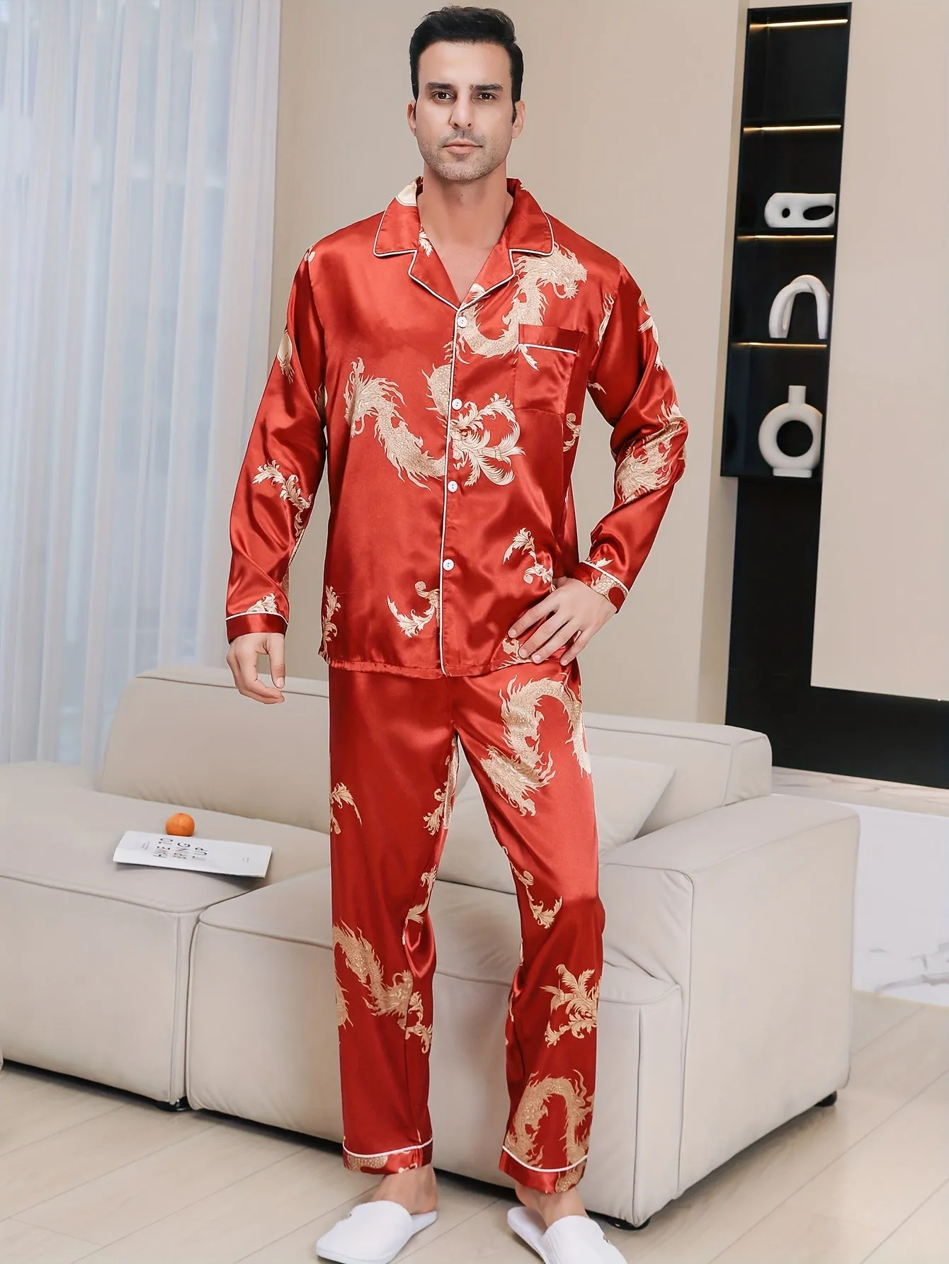 Mens Dragon Print Luxury Pajama Set - Long Sleeve Lapel Shirt & Elastic Pants - Soft Lounge Wear for Spring Autumn - A Stylish Indoor Retreat, Ideal New Year Gift