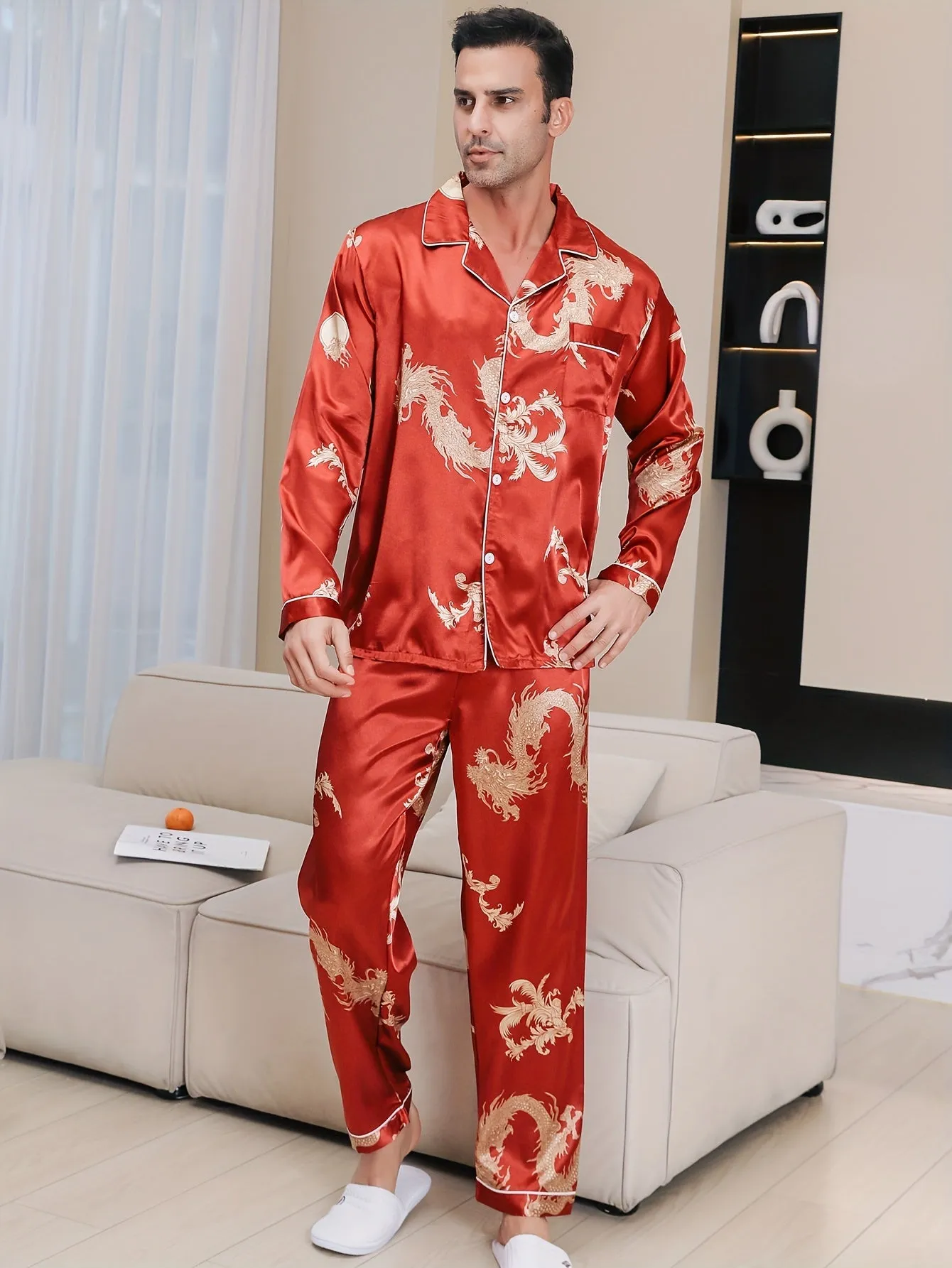 Mens Dragon Print Luxury Pajama Set - Long Sleeve Lapel Shirt & Elastic Pants - Soft Lounge Wear for Spring Autumn - A Stylish Indoor Retreat, Ideal New Year Gift