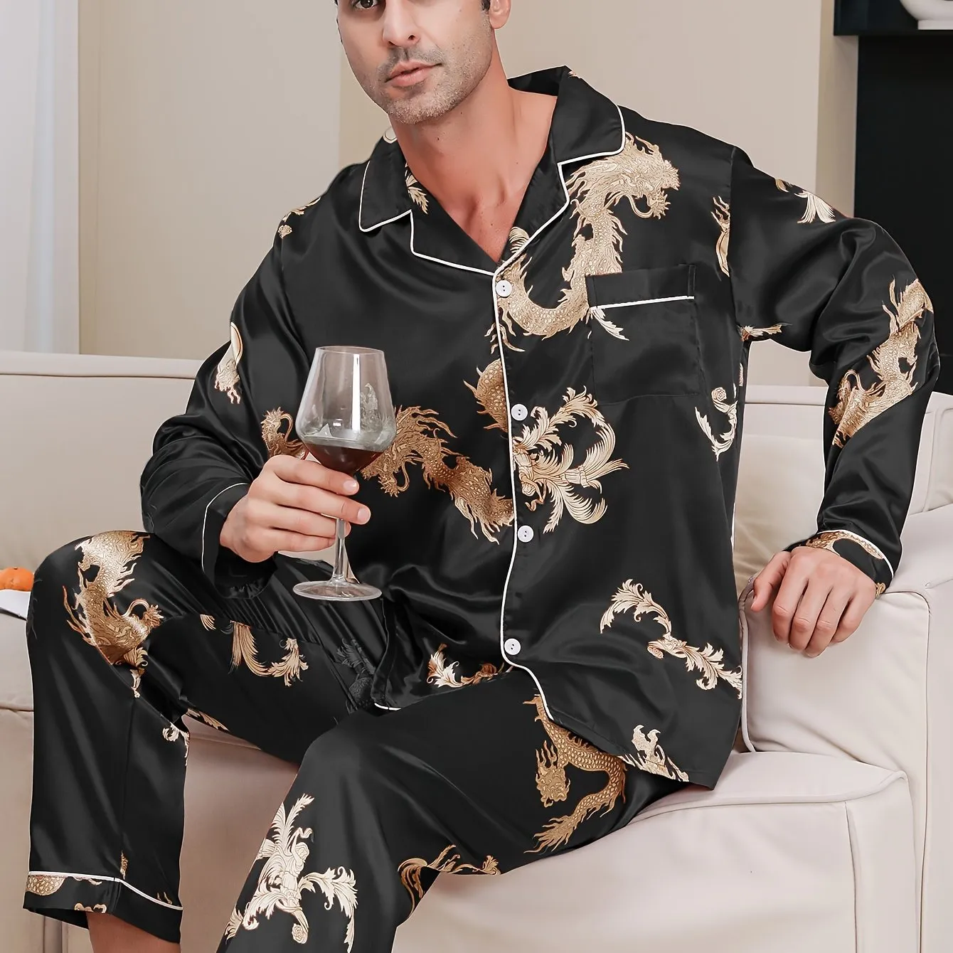 Mens Dragon Print Luxury Pajama Set - Long Sleeve Lapel Shirt & Elastic Pants - Soft Lounge Wear for Spring Autumn - A Stylish Indoor Retreat, Ideal New Year Gift