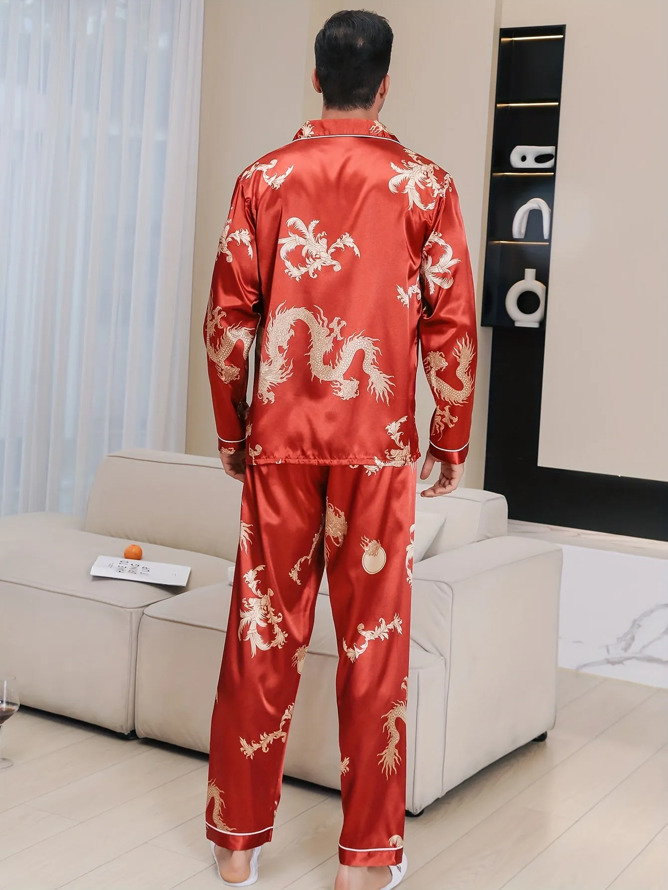 Mens Dragon Print Luxury Pajama Set - Long Sleeve Lapel Shirt & Elastic Pants - Soft Lounge Wear for Spring Autumn - A Stylish Indoor Retreat, Ideal New Year Gift