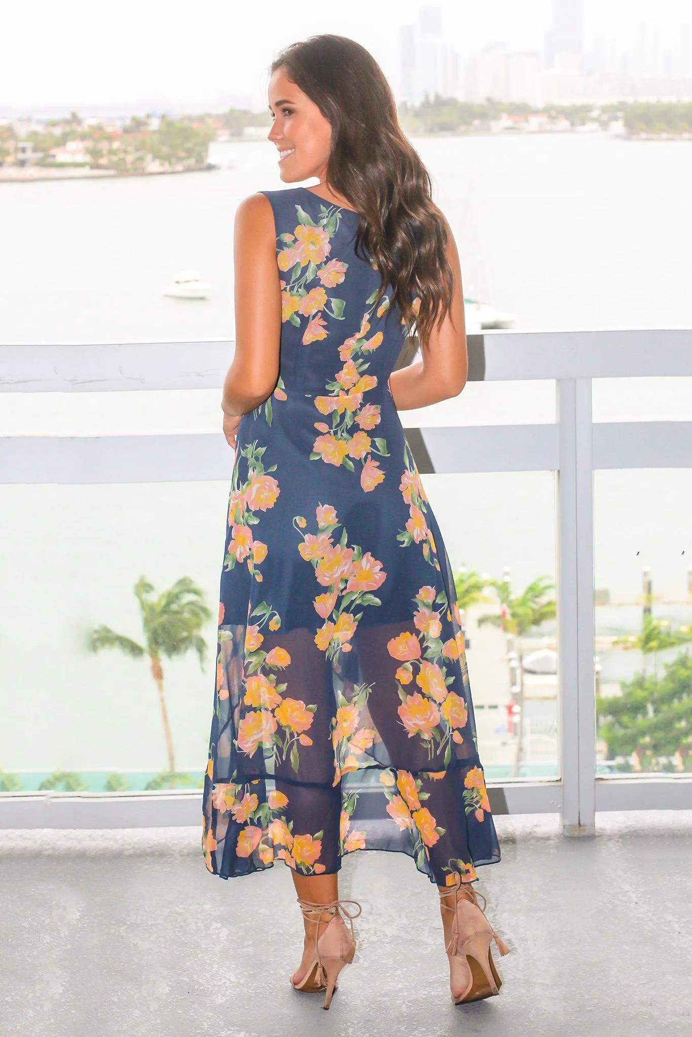 Midnight Blue Floral High Low Wrap Dress