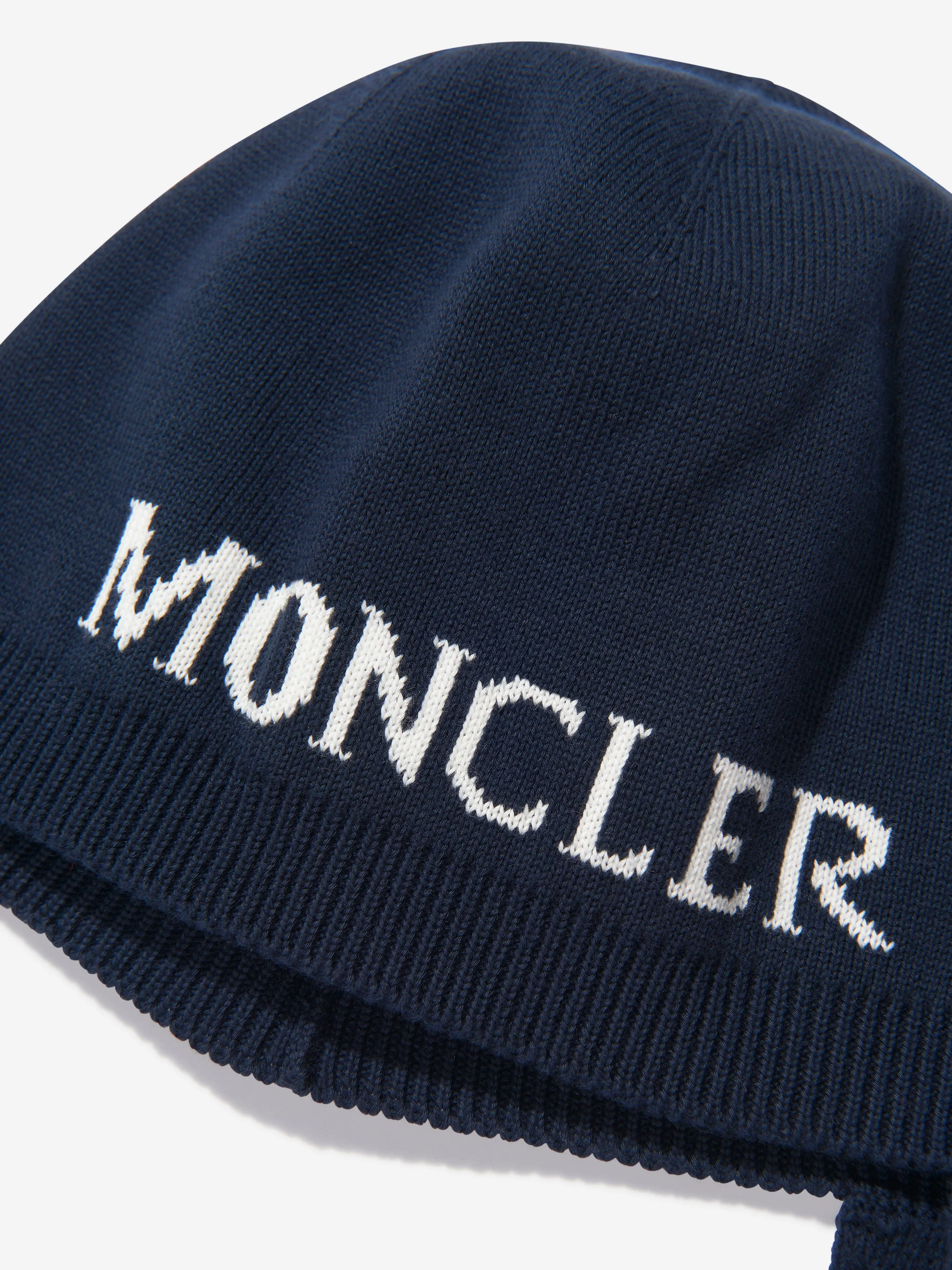 Moncler Enfant Baby Beanie Hat With Chin Strap in Navy