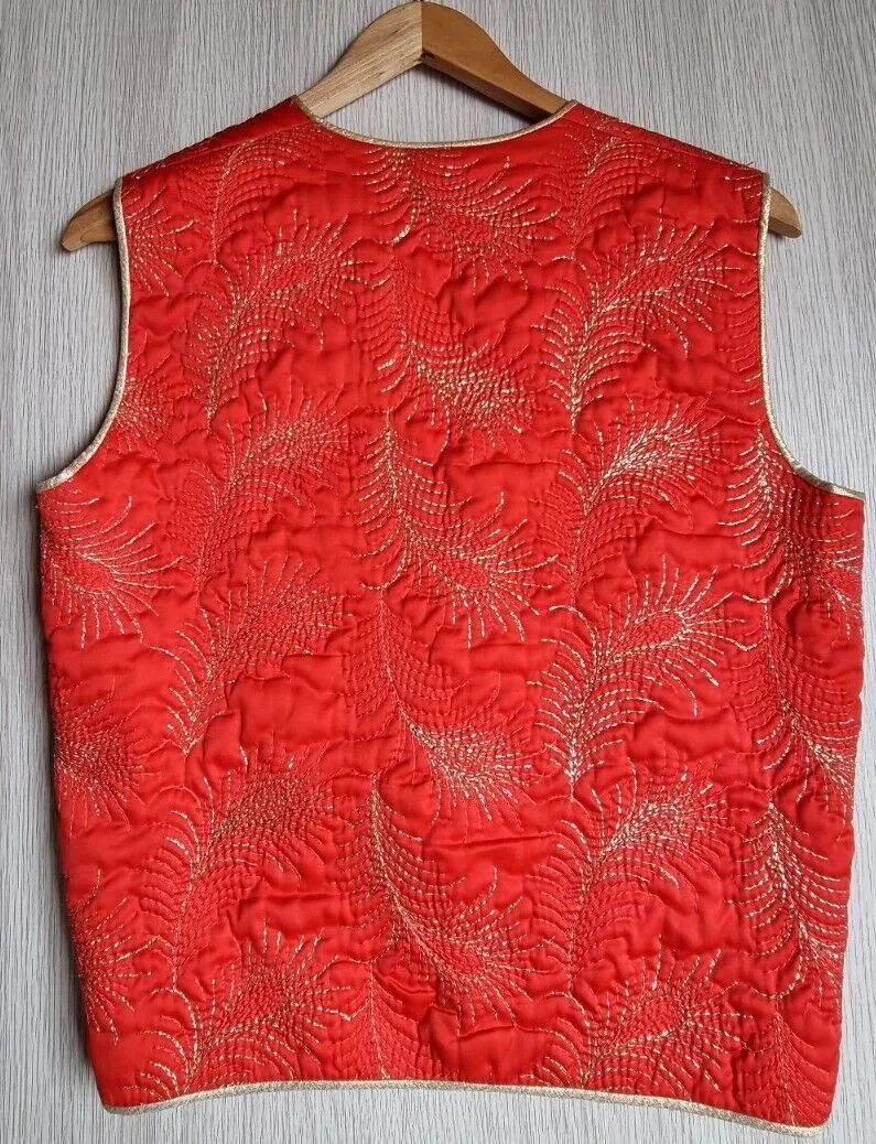 MRed Quilted Vest Gold Feather Embroidery Size Small/