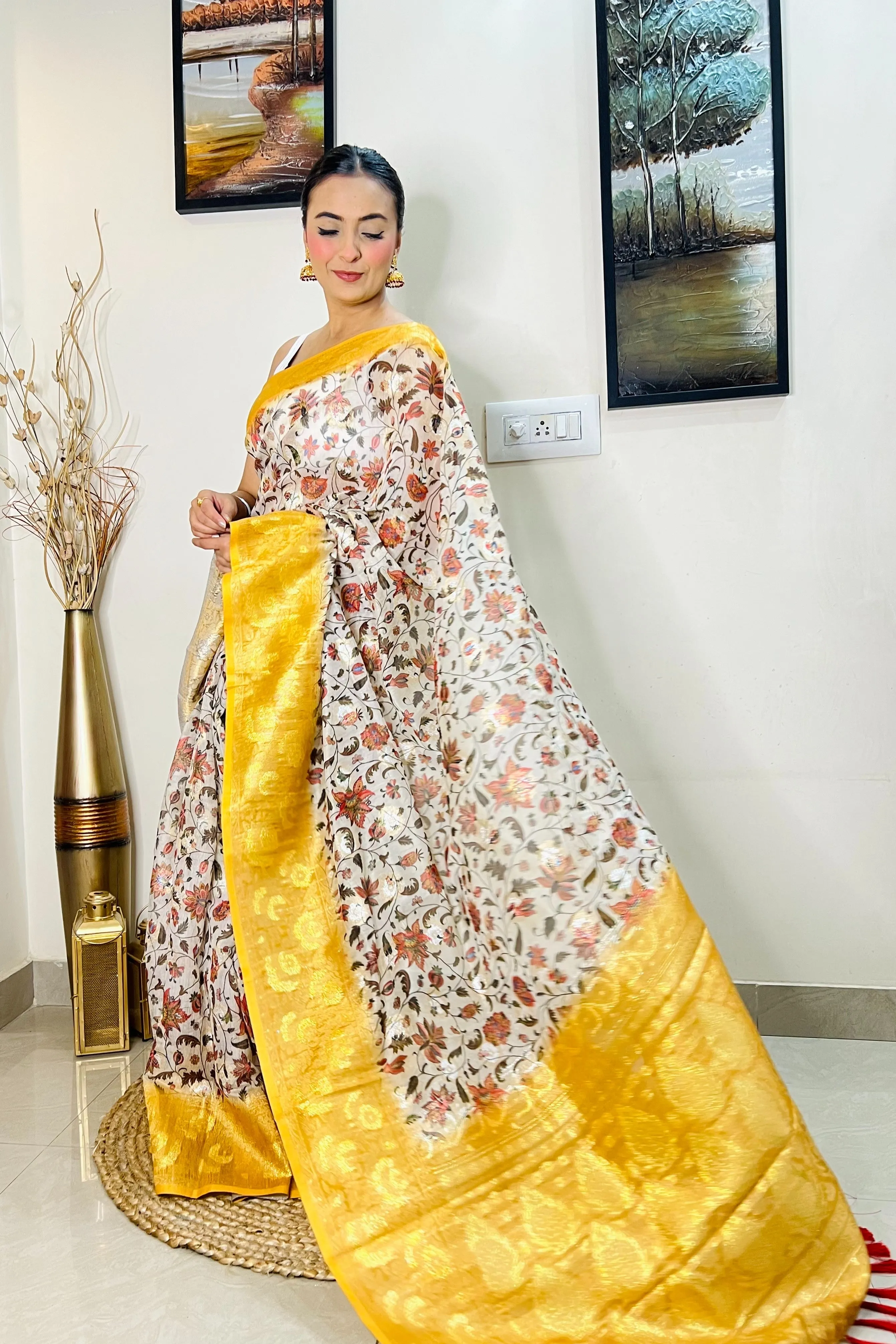 Mustard Yellow Saree in Banarasi Silk Floral Print