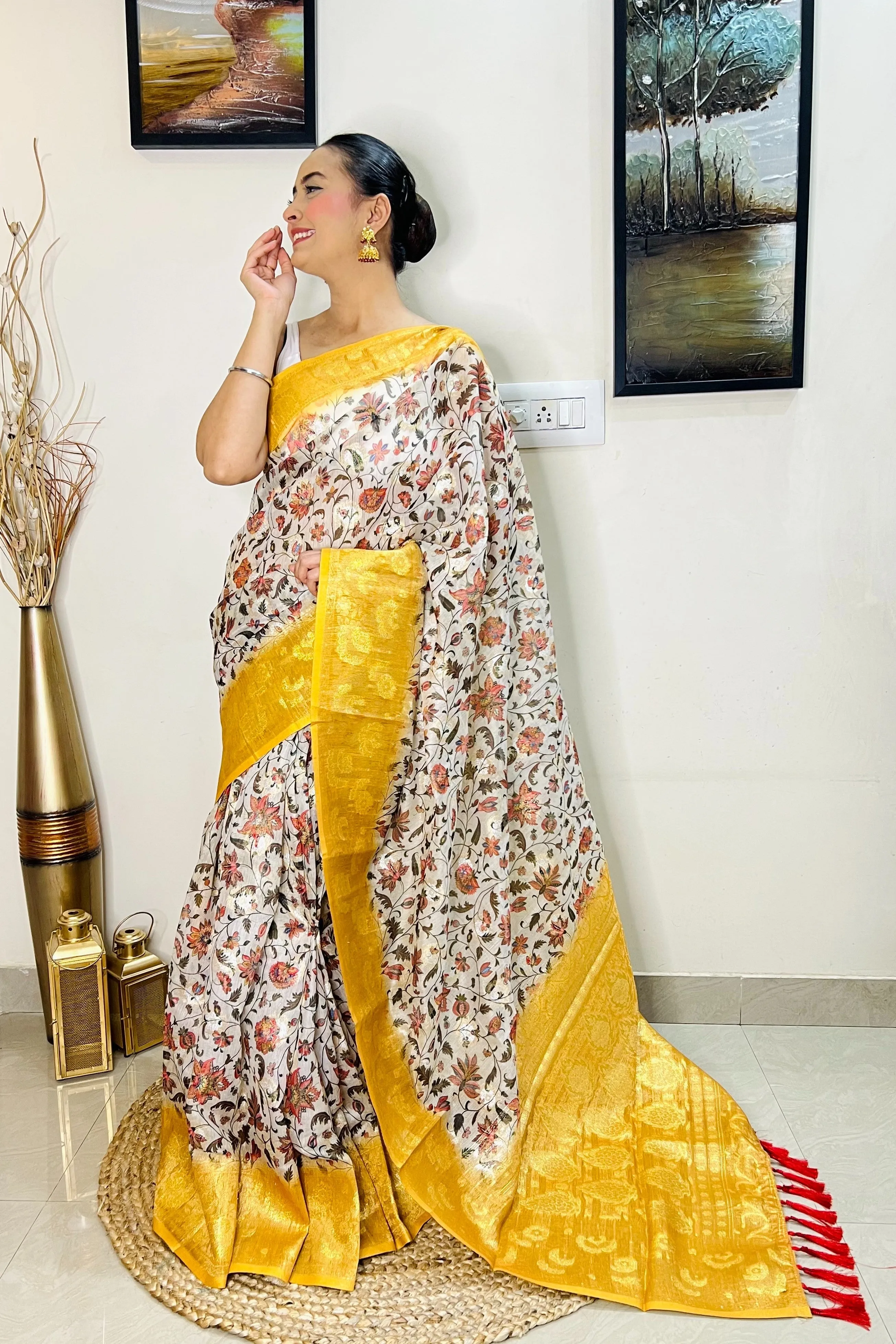 Mustard Yellow Saree in Banarasi Silk Floral Print