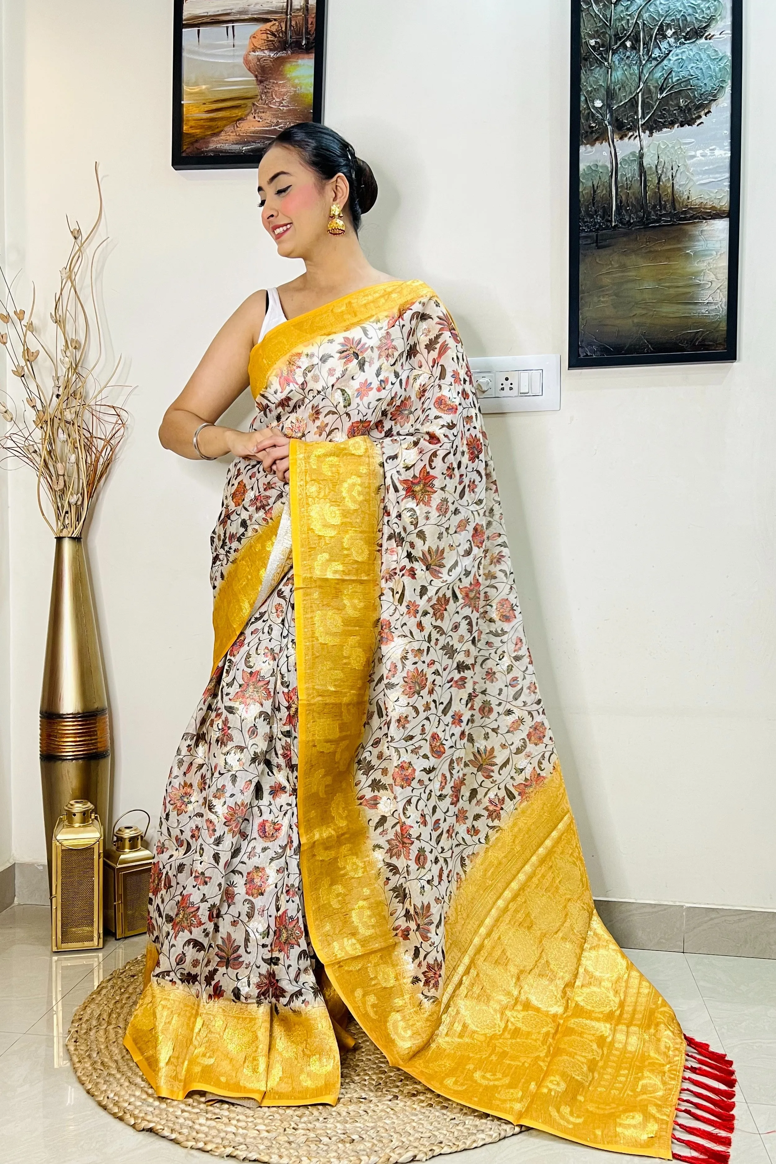 Mustard Yellow Saree in Banarasi Silk Floral Print