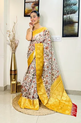 Mustard Yellow Saree in Banarasi Silk Floral Print