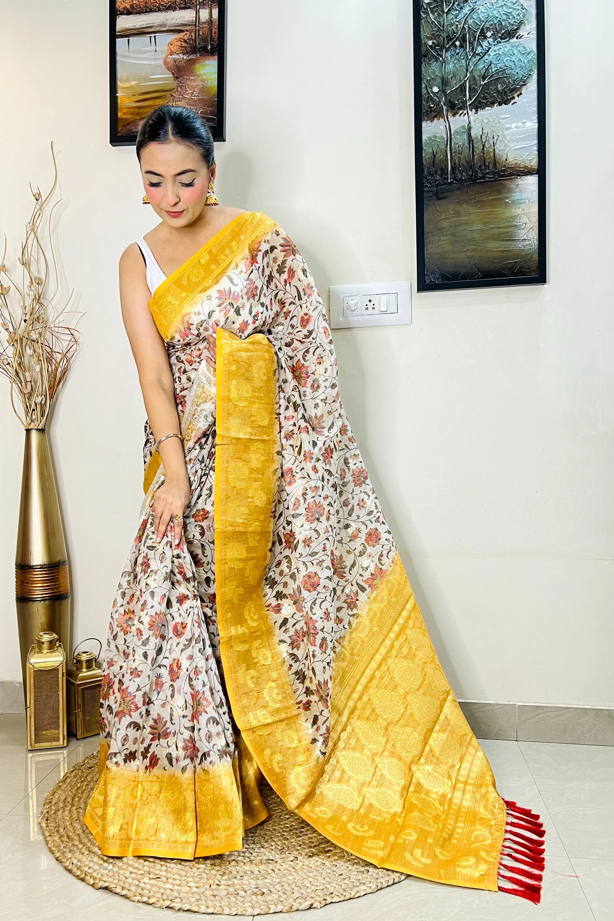 Mustard Yellow Saree in Banarasi Silk Floral Print