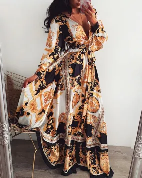 New  Evening Dress European and American Printed Dress V-neck Pullover Retro Long Sleeve Big Hem Split Dress