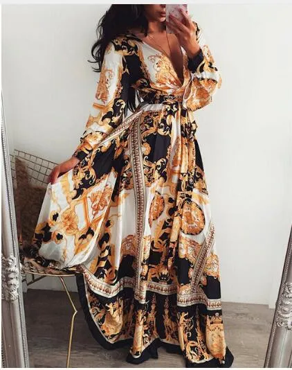 New  Evening Dress European and American Printed Dress V-neck Pullover Retro Long Sleeve Big Hem Split Dress