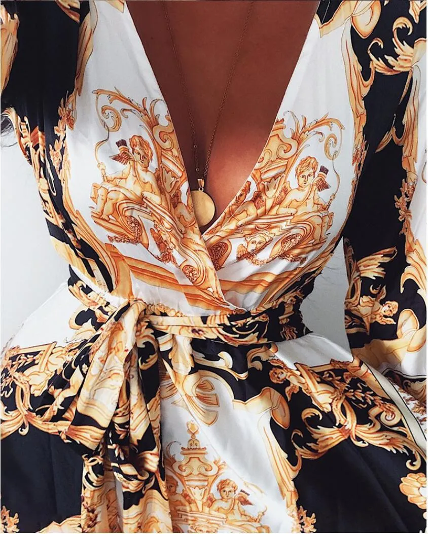 New  Evening Dress European and American Printed Dress V-neck Pullover Retro Long Sleeve Big Hem Split Dress