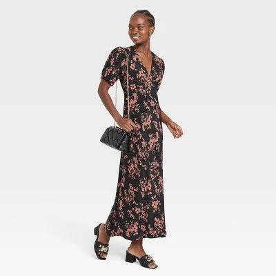 New - Women's Crepe Puff Short Sleeve Midi Dress - A New Day Black/Brown Floral M