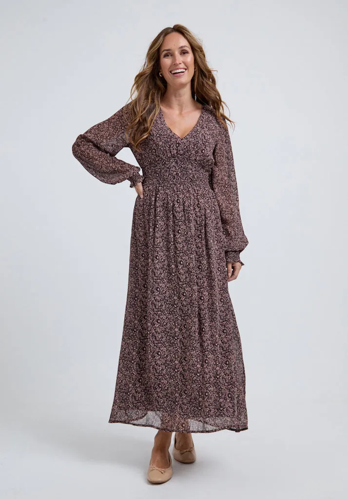 Pearl Ruched Waist Harvest Print Midi Dress In Brown