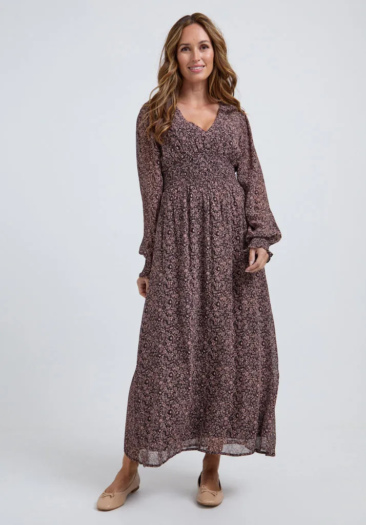 Pearl Ruched Waist Harvest Print Midi Dress In Brown