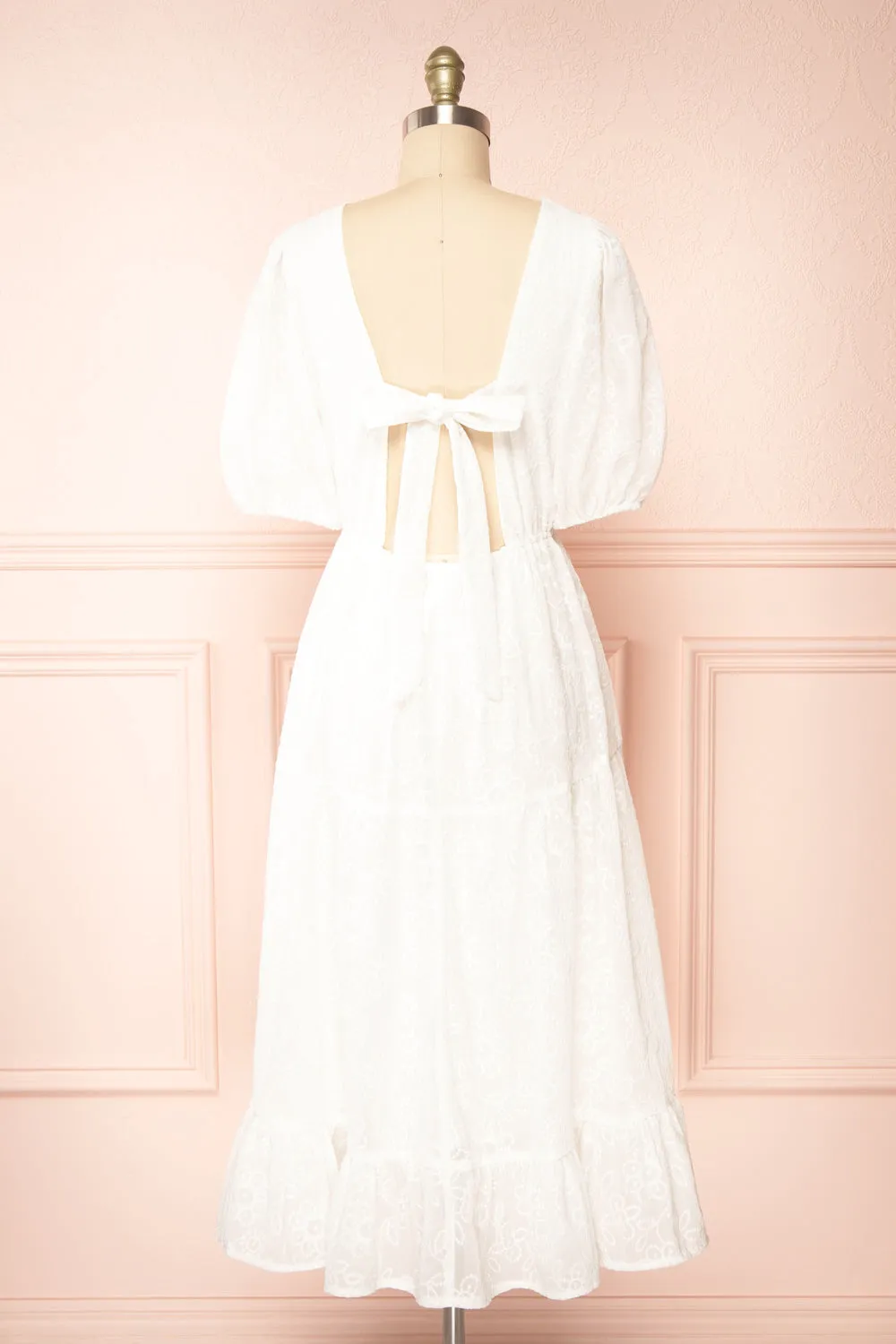 Pepita White | Chiffon Midi Dress w/ Floral Embroidery