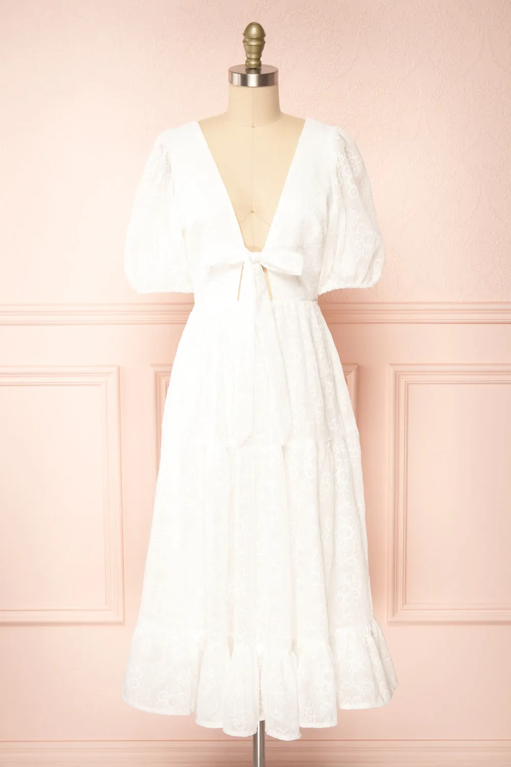 Pepita White | Chiffon Midi Dress w/ Floral Embroidery