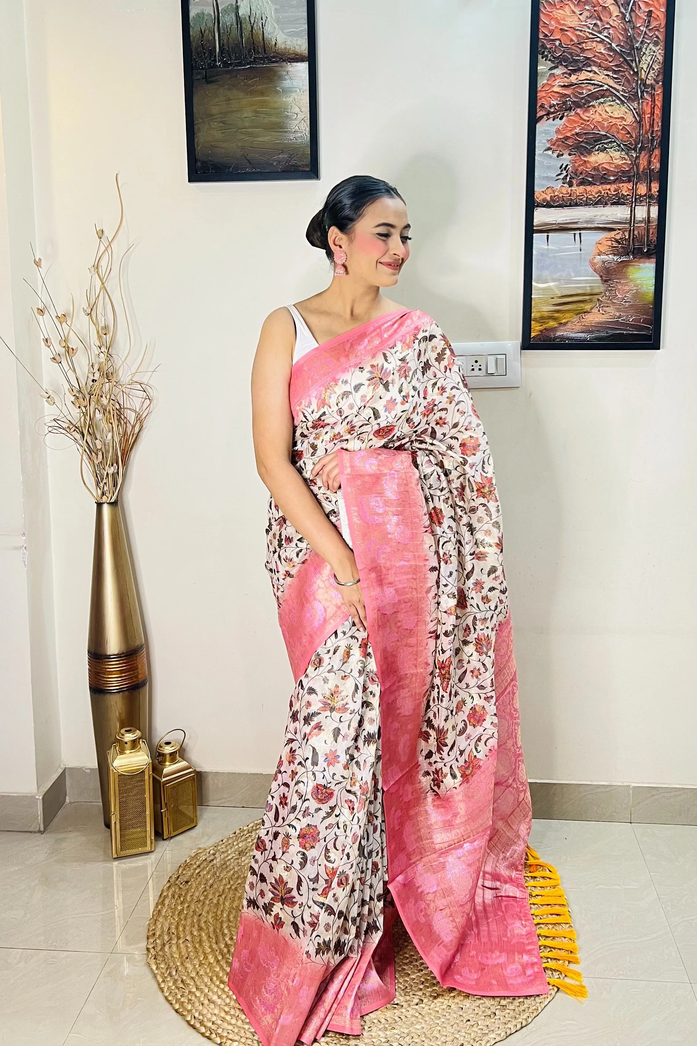 Pink Saree in Banarasi Silk Floral Print