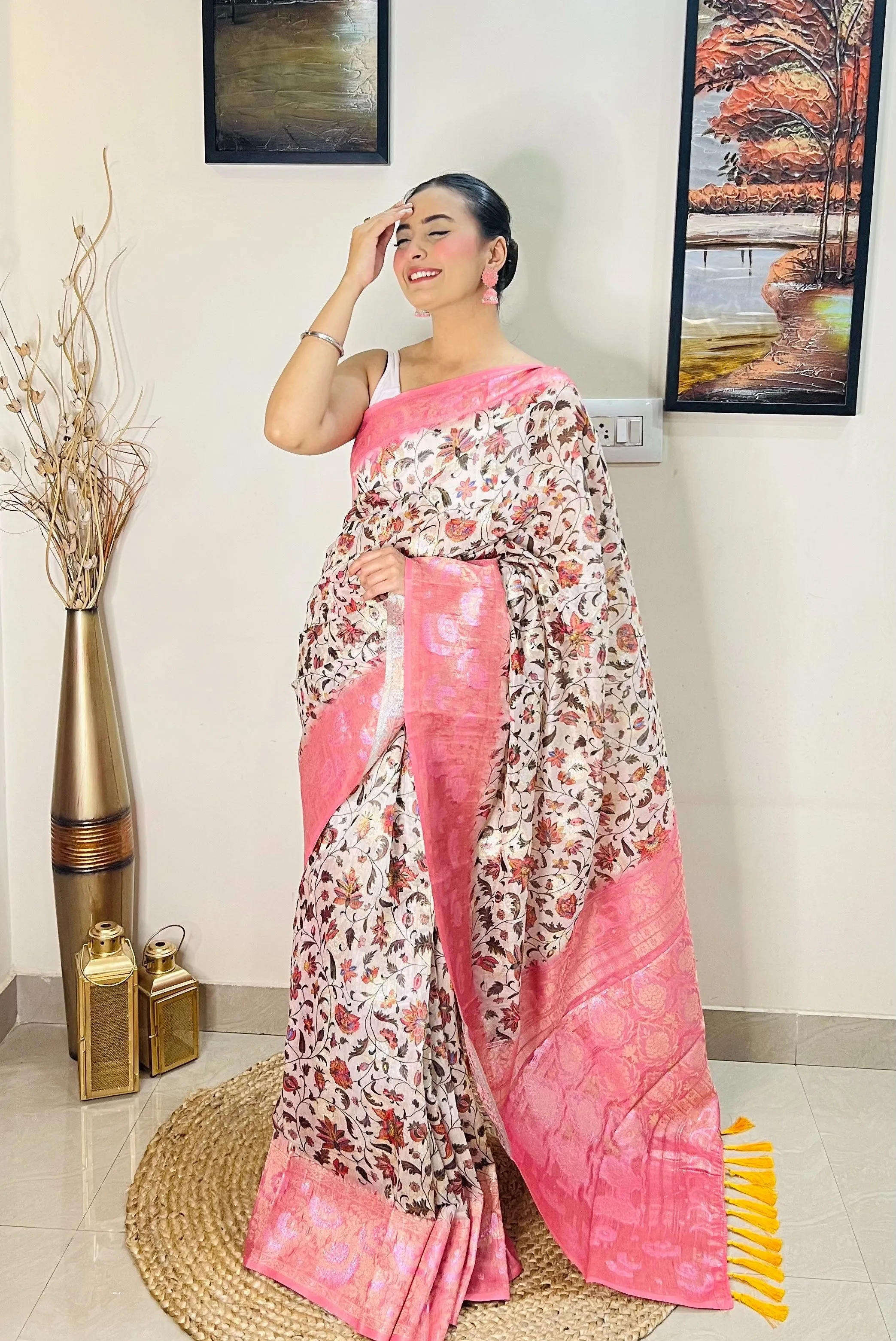 Pink Saree in Banarasi Silk Floral Print