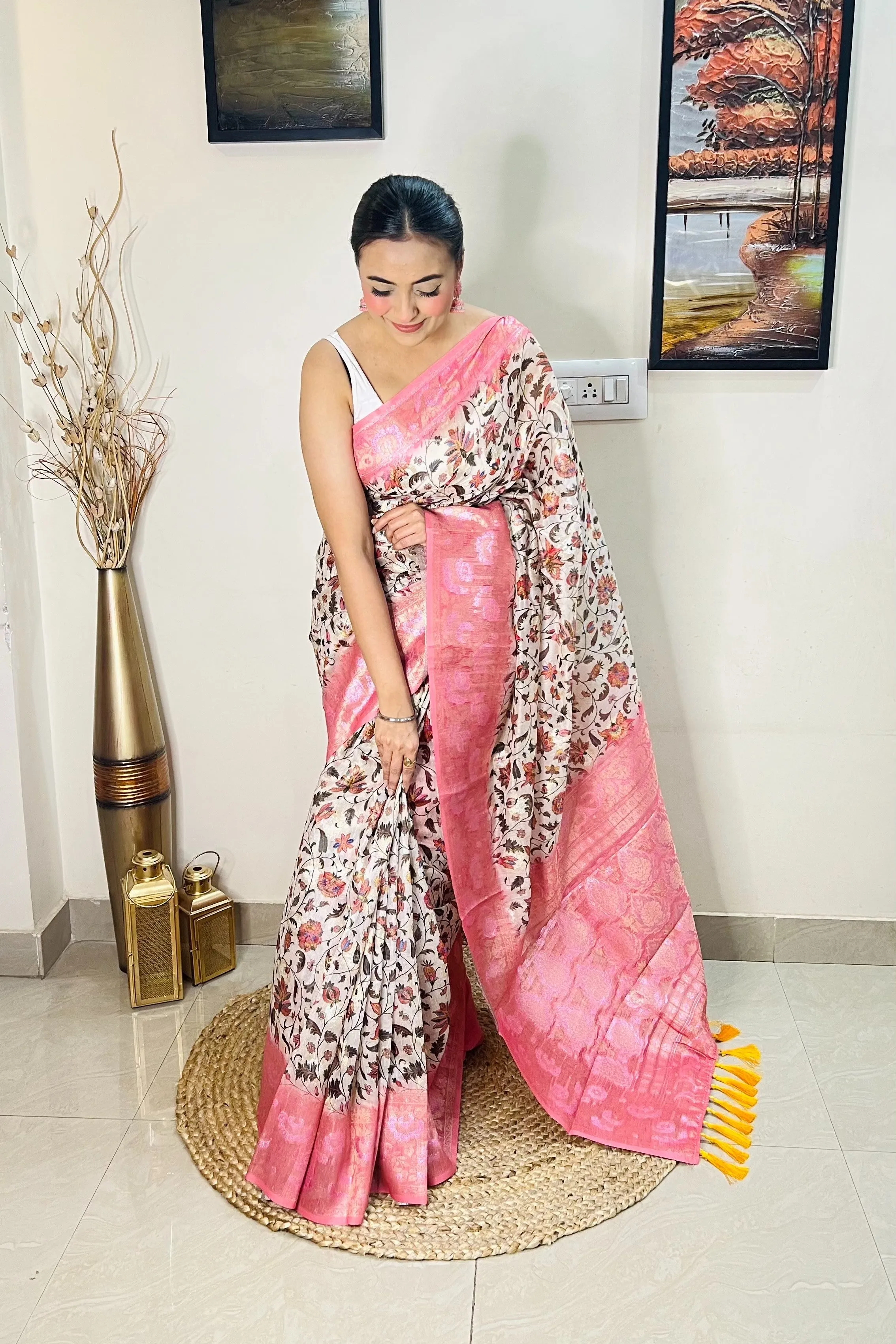 Pink Saree in Banarasi Silk Floral Print