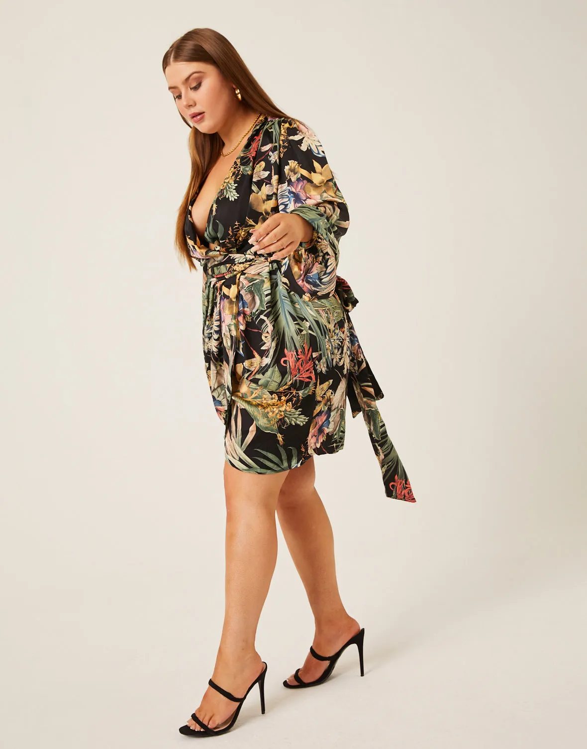 Plus Size Satin Floral Wrap Dress