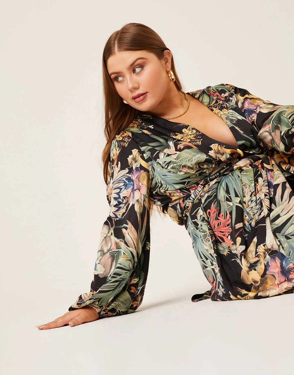 Plus Size Satin Floral Wrap Dress