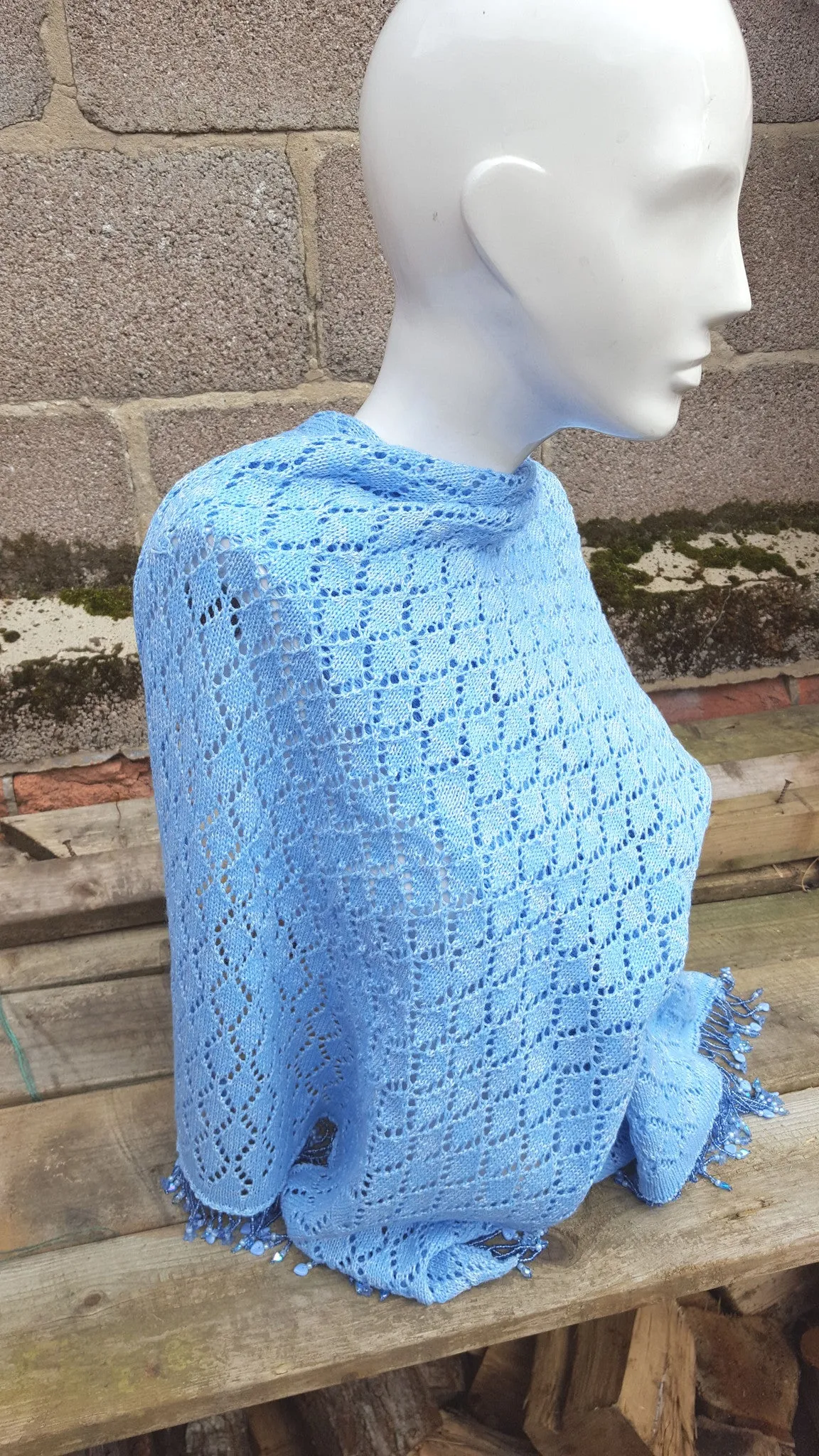 Powder Blue  cotton/Acrylic lace knit, beaded wrap pashmina, shawl