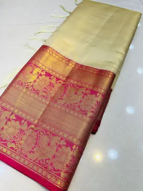 Preferable Beige Kanjivaram Silk Saree With Forbearance Blouse Piece