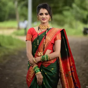 Prettiest Green Paithani Silk Saree With Ethnic Blouse Piece