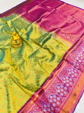 Pretty Perrot Kanjivaram Silk Saree With Mellifluous Blouse Piece