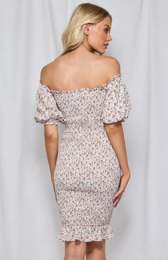 Printed Off The Shoulder Shirred Midi Dress