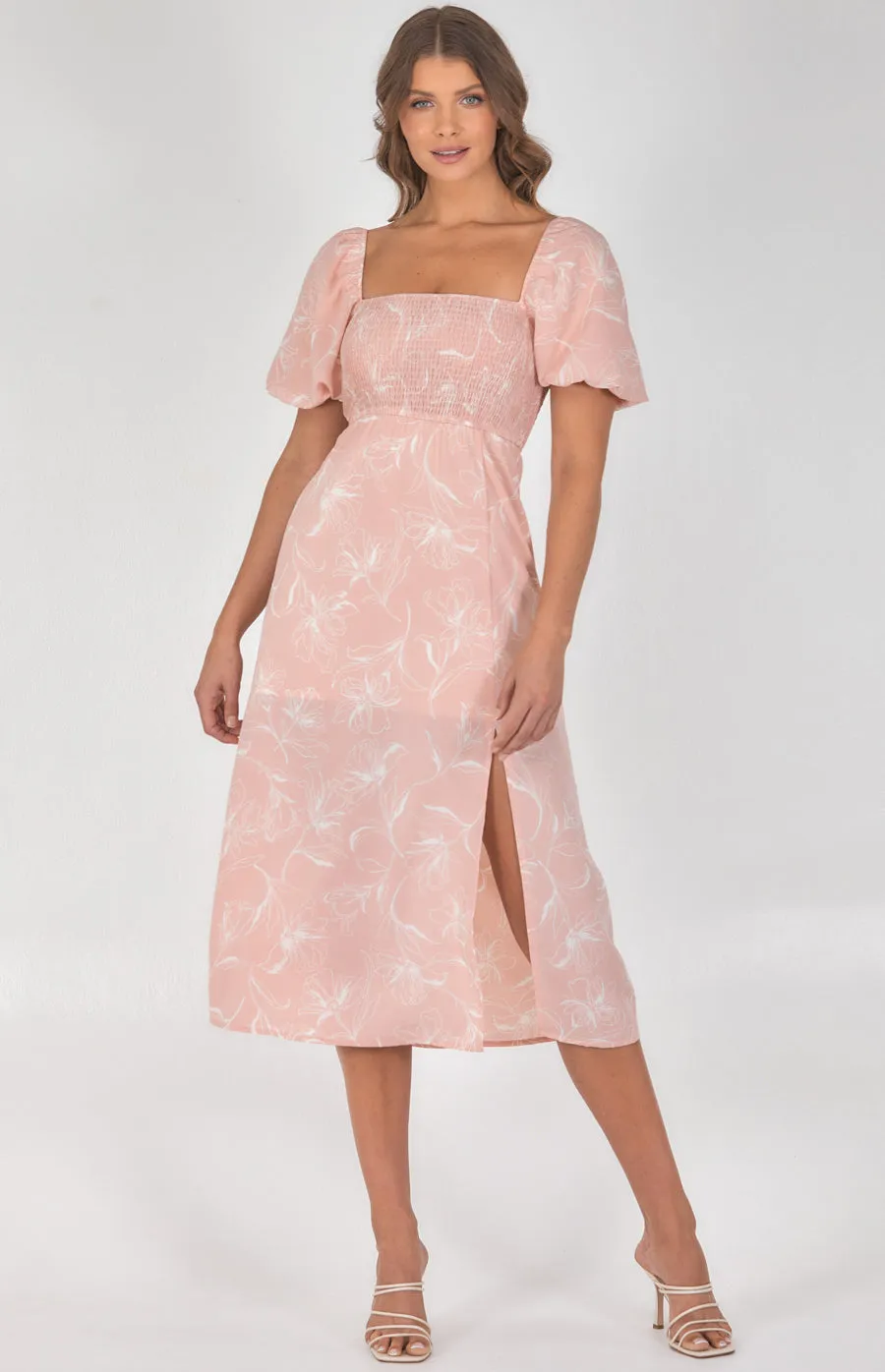 Printed Shirred Bodice Midi Dress with Puff Sleeves