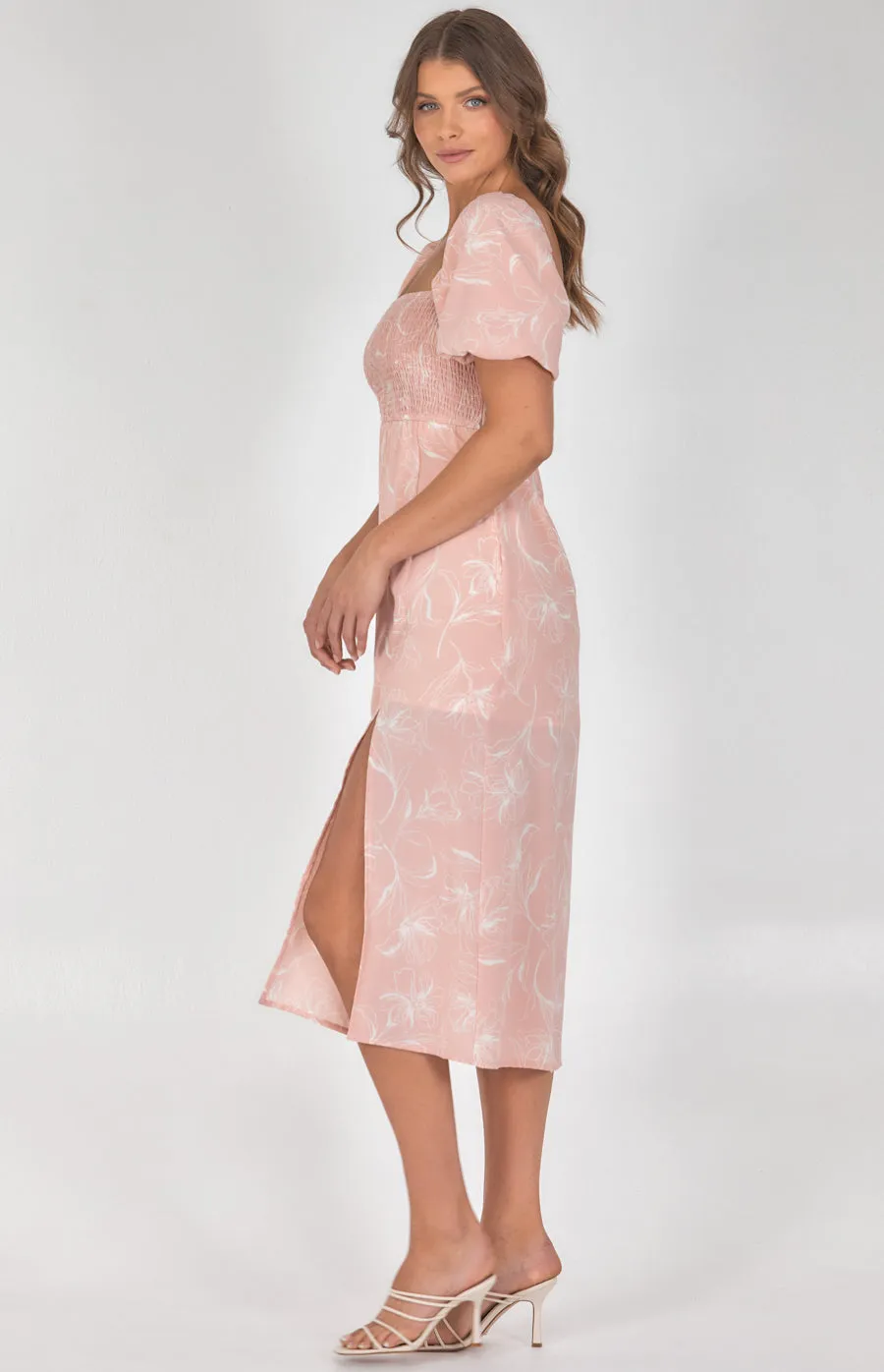 Printed Shirred Bodice Midi Dress with Puff Sleeves