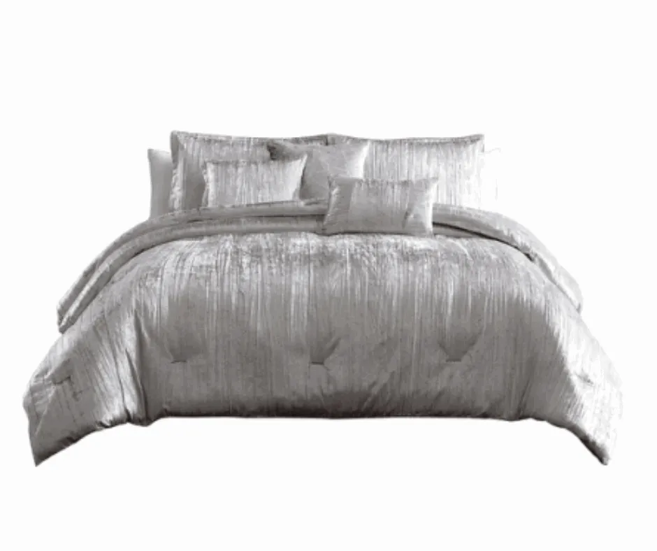 Queen 7 Piece Comforter Set With Crinkle Texture, Silver