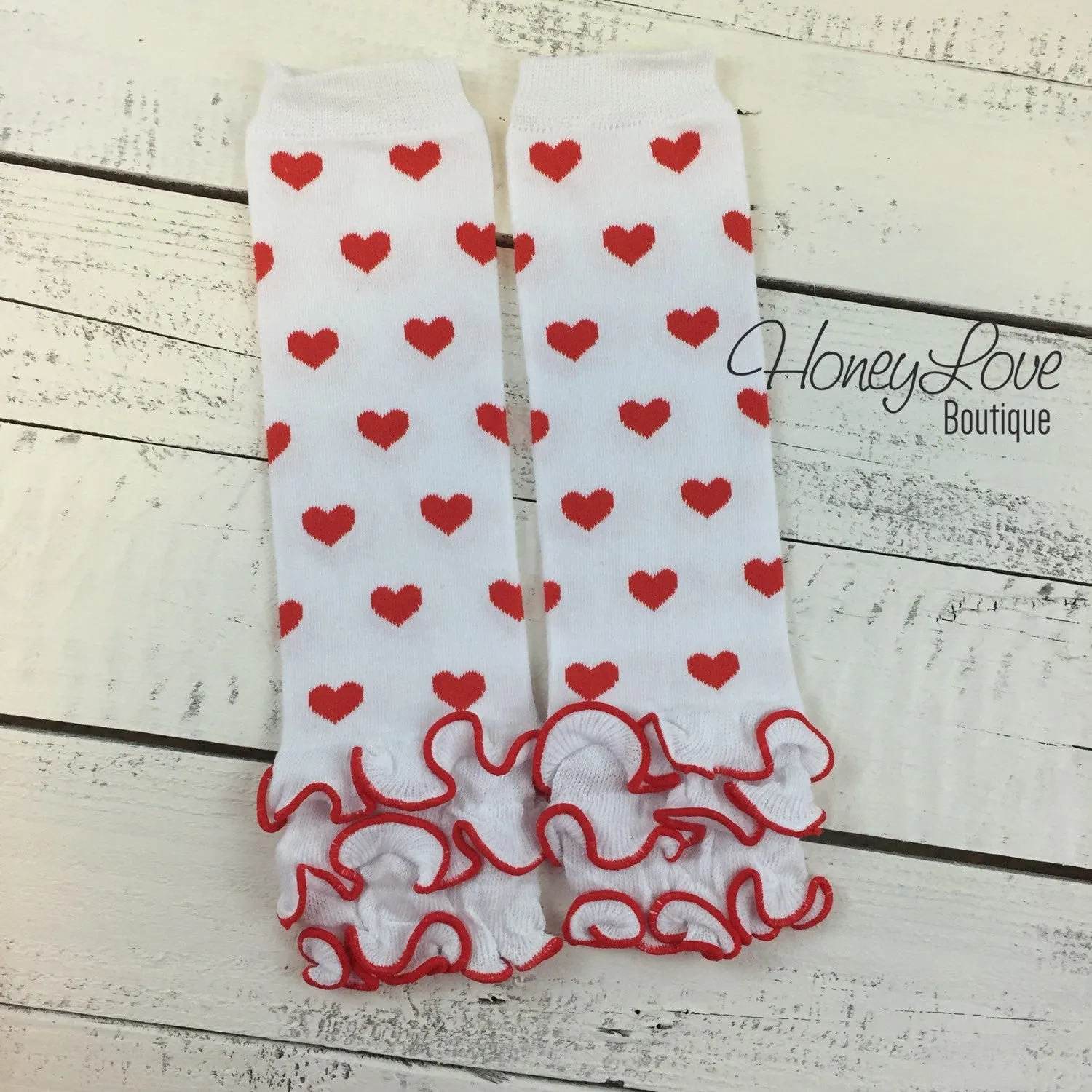 Red and White heart leg warmers, red flower headband, ruffle bottom bloomers