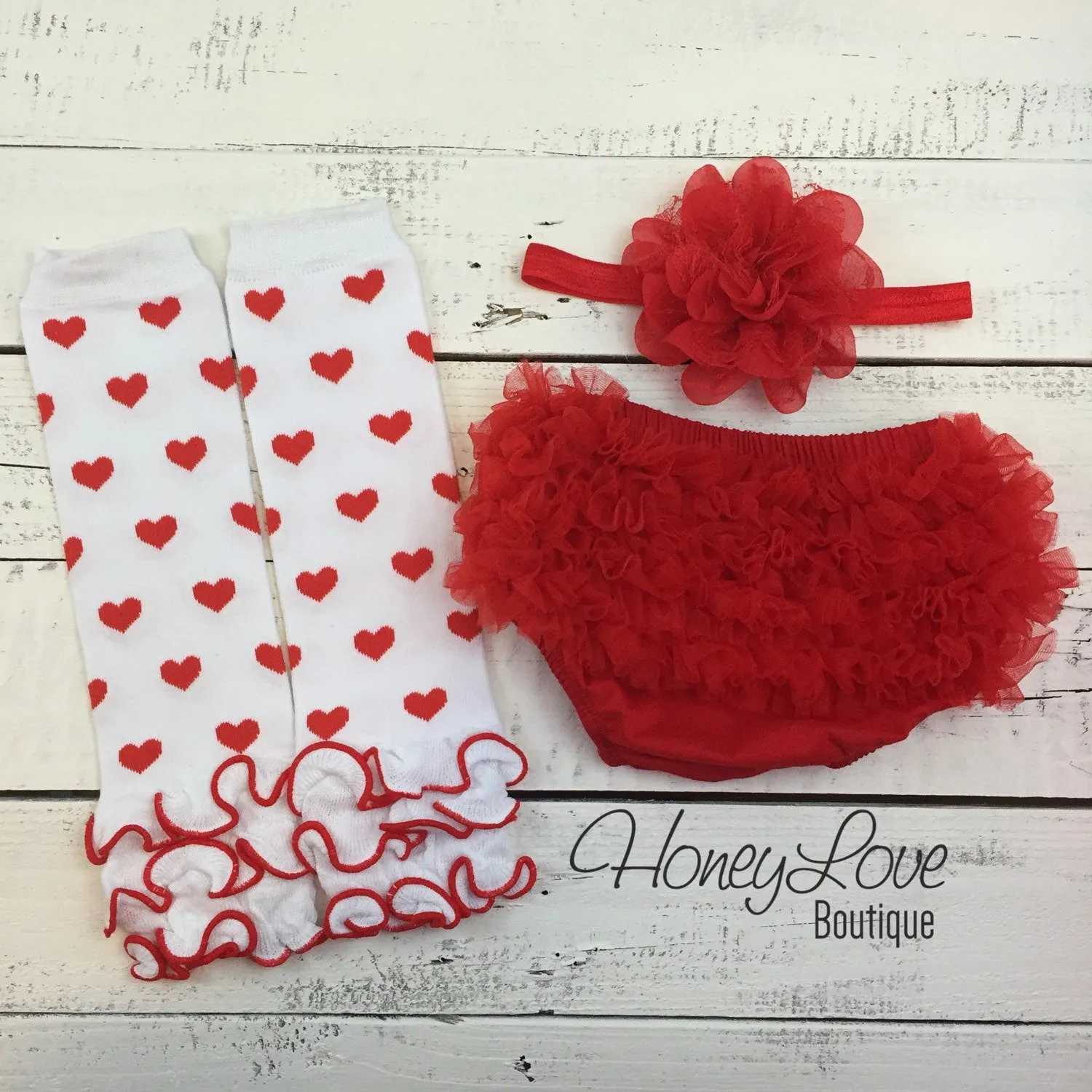 Red and White heart leg warmers, red flower headband, ruffle bottom bloomers