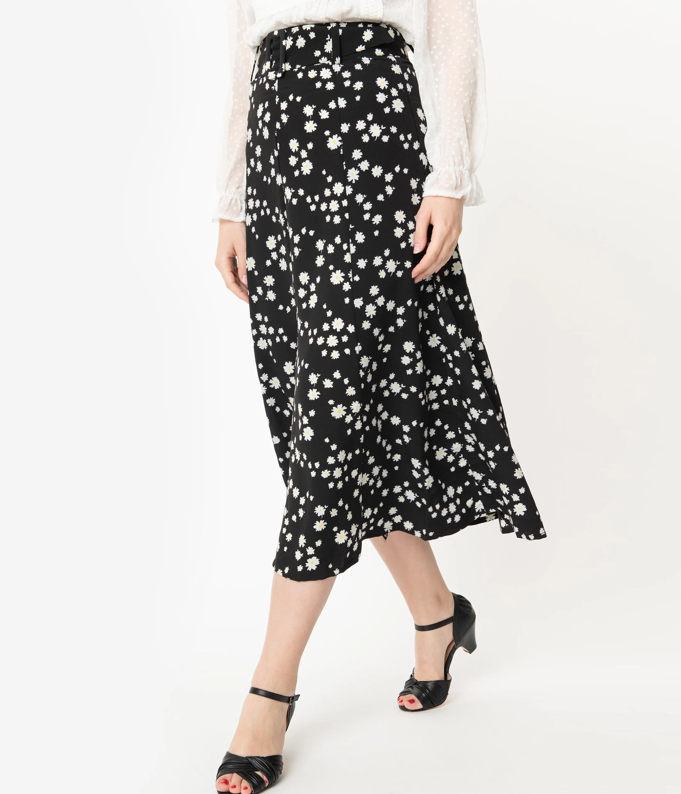 Retro Style Black & Ivory Floral Belted Midi Skirt