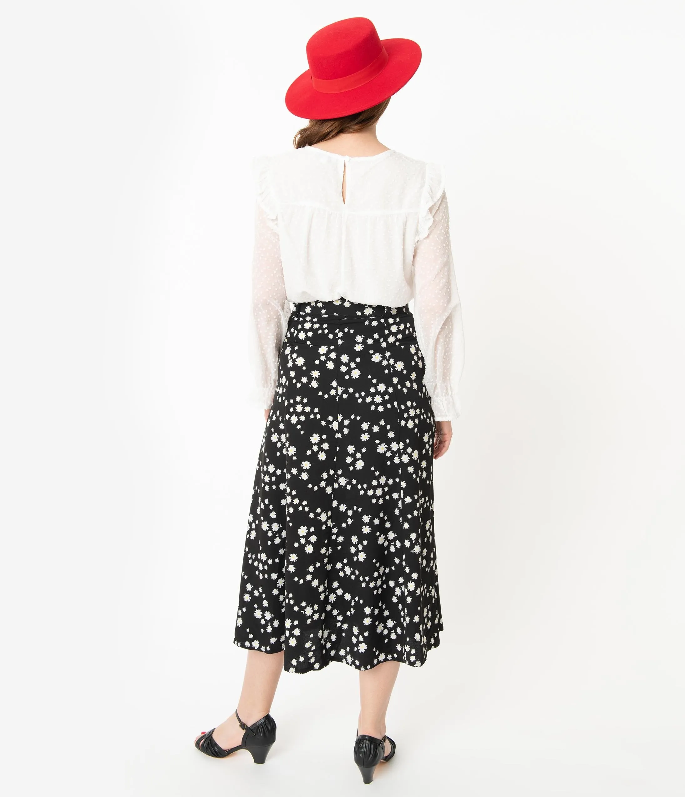 Retro Style Black & Ivory Floral Belted Midi Skirt