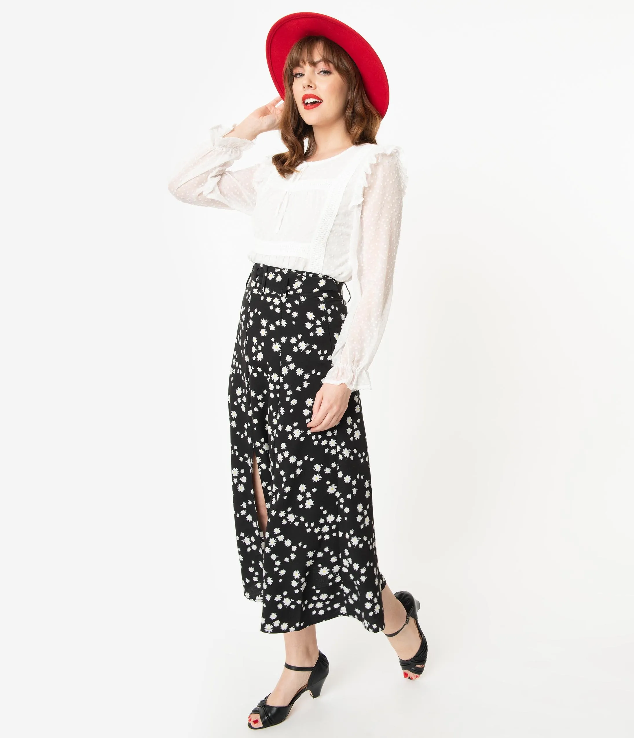 Retro Style Black & Ivory Floral Belted Midi Skirt