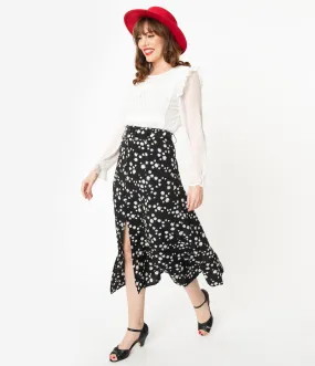 Retro Style Black & Ivory Floral Belted Midi Skirt