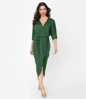 Retro Style Emerald Green Ruched Wrap Front Dress