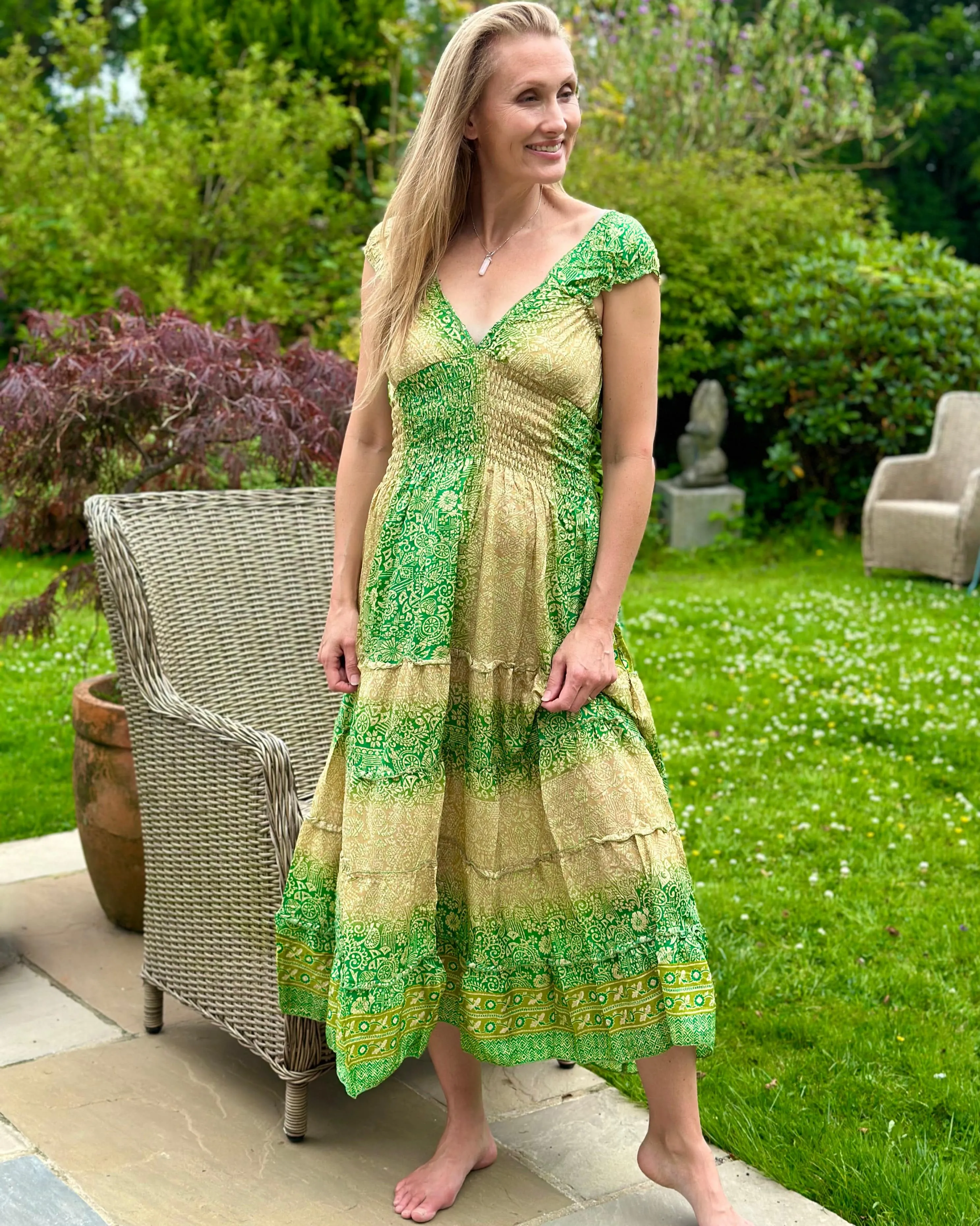 Ruched Silk Sari Dress - Green/Gold