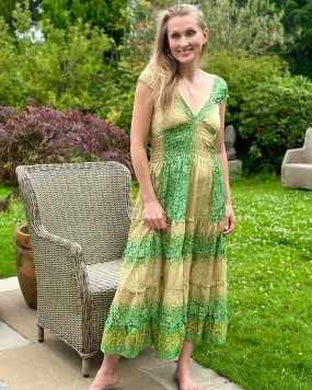 Ruched Silk Sari Dress - Green/Gold