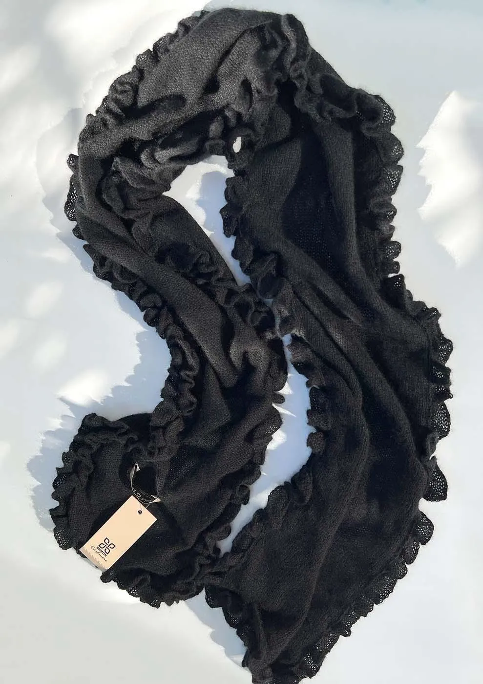 Ruffle edge small cashmere scarf in black