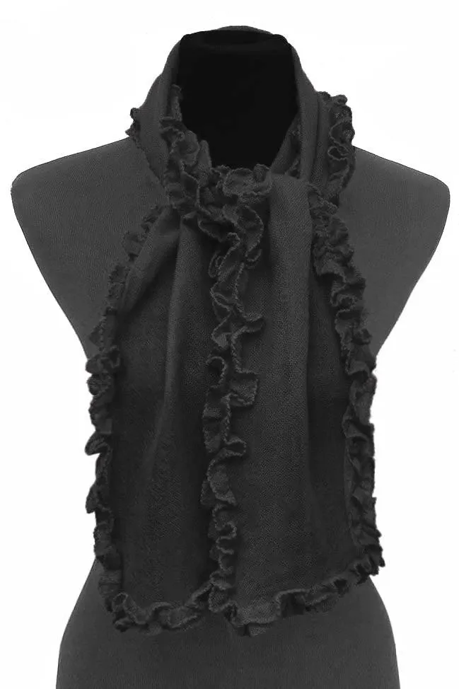 Ruffle edge small cashmere scarf in black