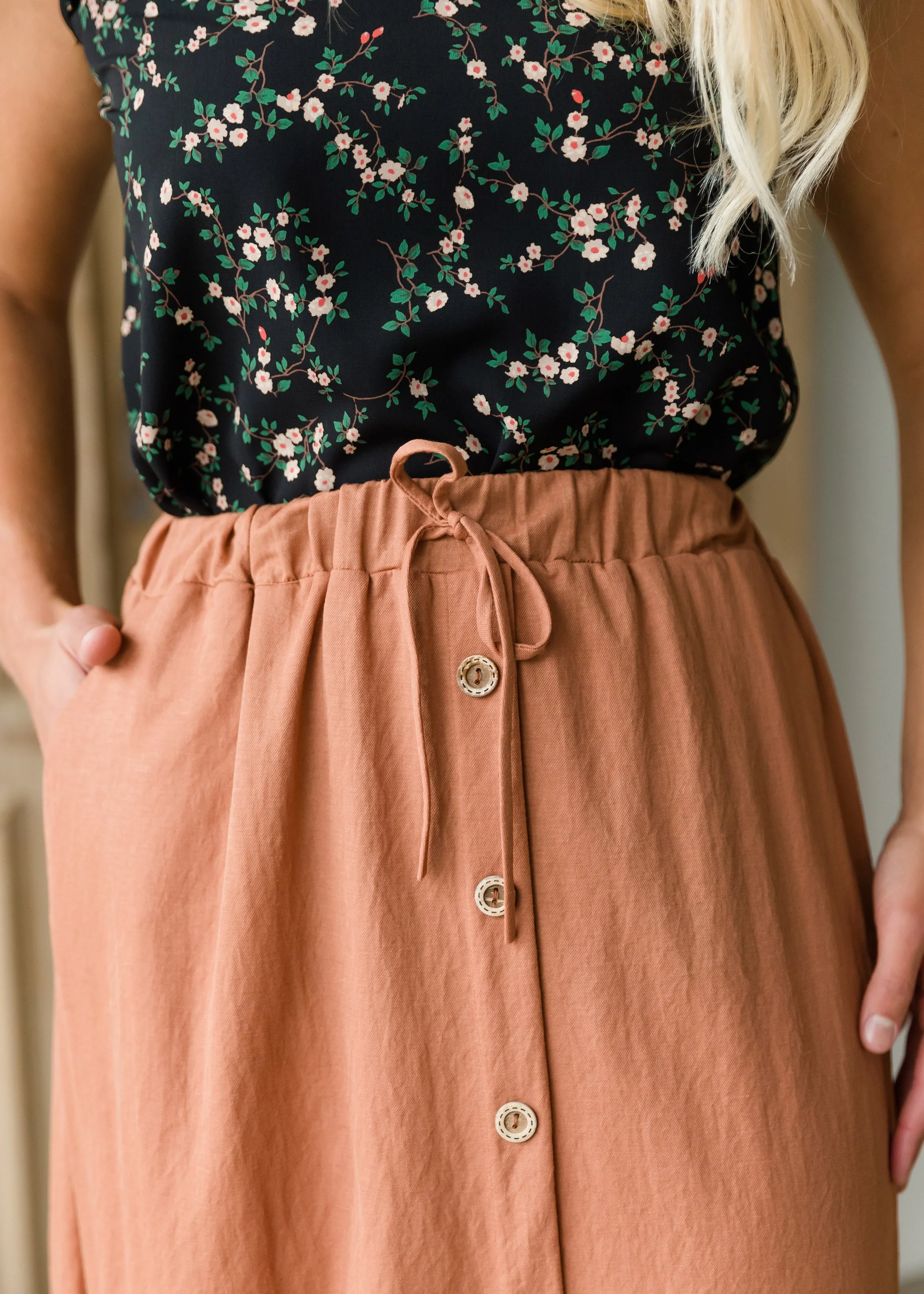 Rust Button Front Tie Midi Skirt - FINAL SALE